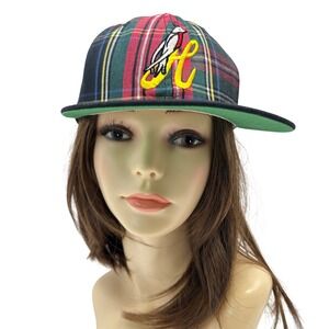 H Plaid Bird Baseball Cap Green Red Tartan Flat Brim Hat Leather Strap